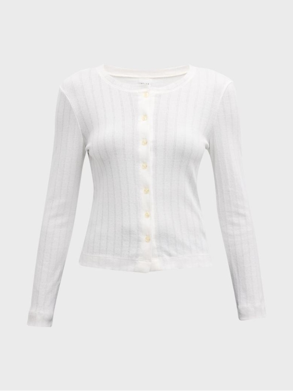 LESET White Pointelle Classic Crewneck Ribbed Button-Front Cardigan Sz Small